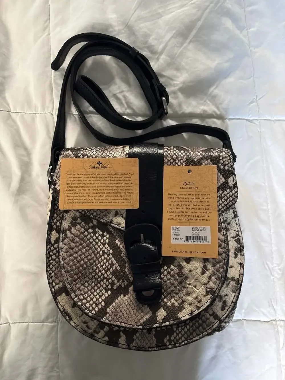 Patricia Nash Padova Leather Crossbody Saddle Bag-Smoke Python-NWT.